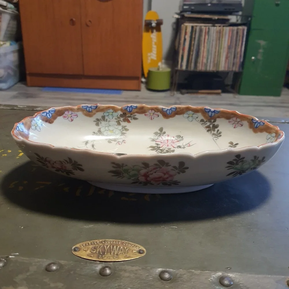 Antique Vintage Hand Painted Chinese Porcelain Bowl / Dish Cranes Flowers Signed